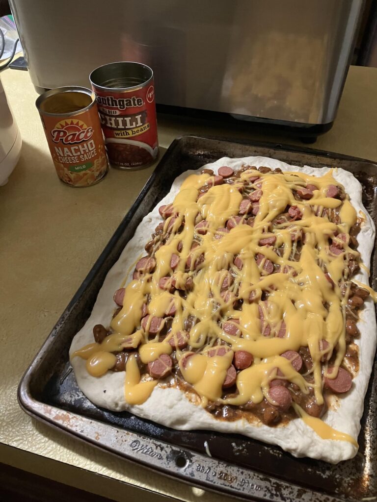 Chili cheese dog “pizza” Chili cheese dog “pizza”