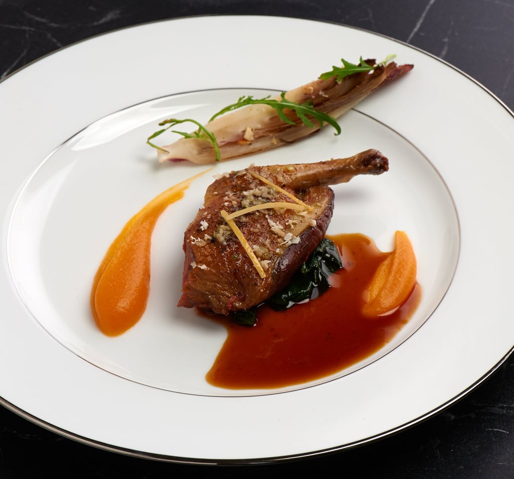 Hideaki Sato’s grilled pigeon with sesame oil and truffle at La Table des Chefs in Reims, France. Photo: Eric Vanden