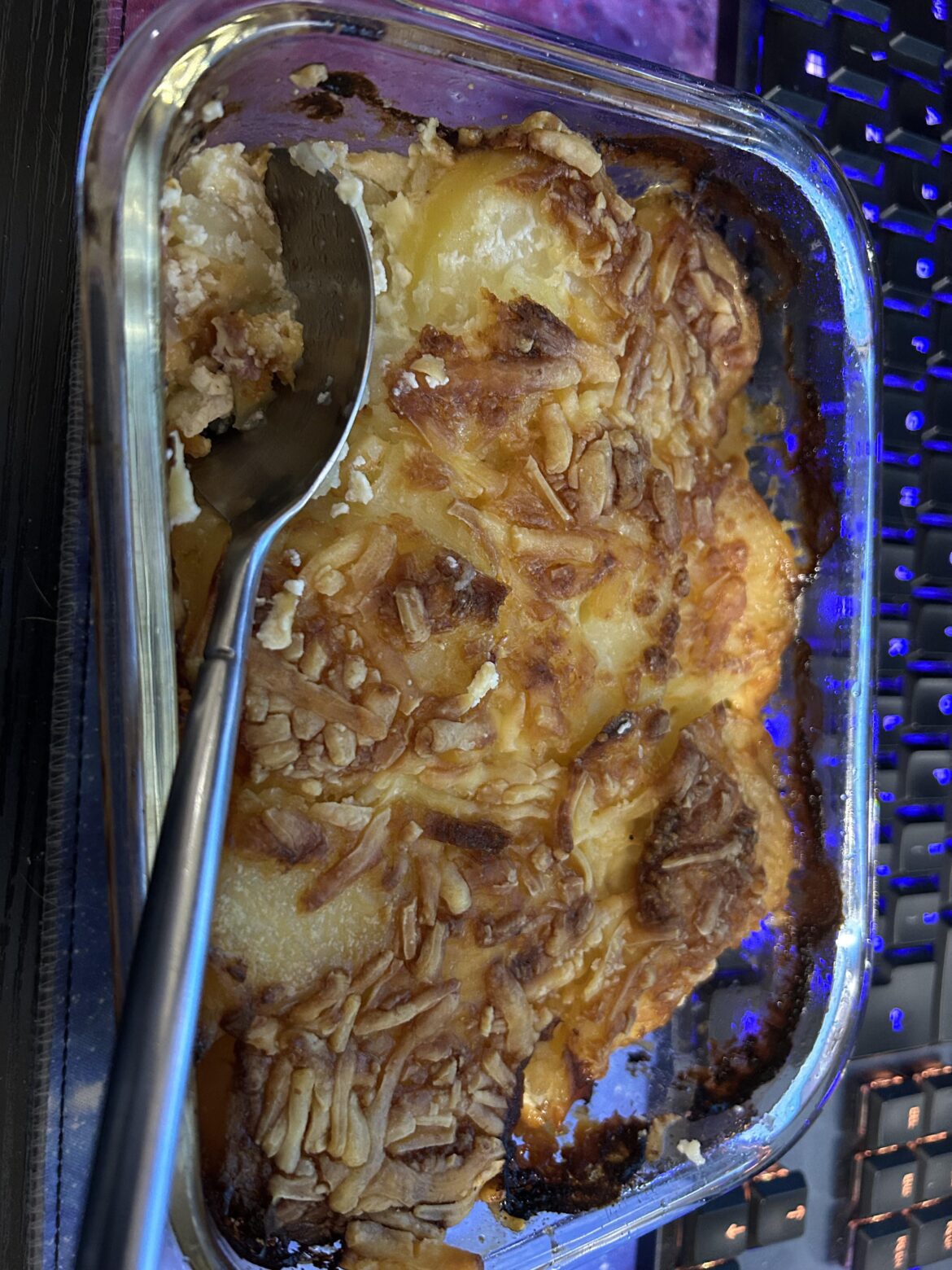 Potatoes, onions, bacon, cheese, double cream.