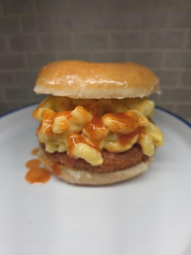 Buffalo Chik'n Mac & Cheese on a Krispy Kreme Bun 505 calories