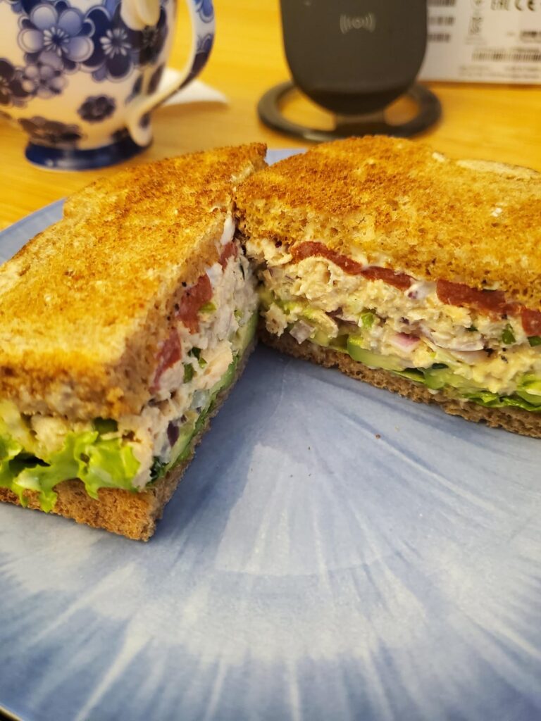 My lunch today was a nice salmon salad sandwich with avocado and roasted red peppers.