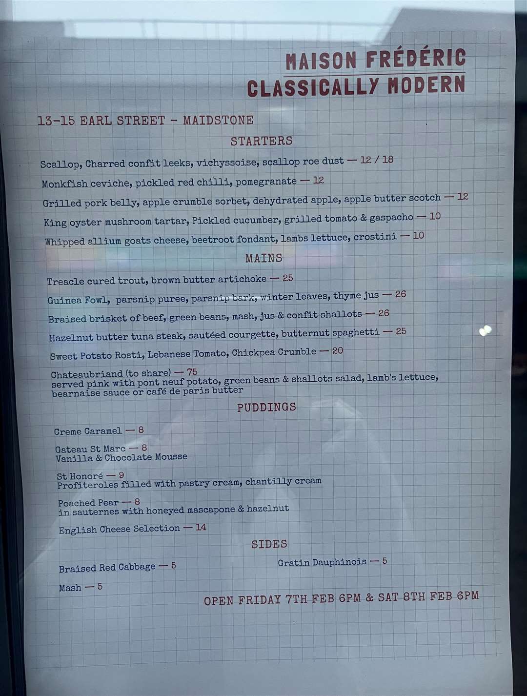 The menu for Maison Frederic restaurant