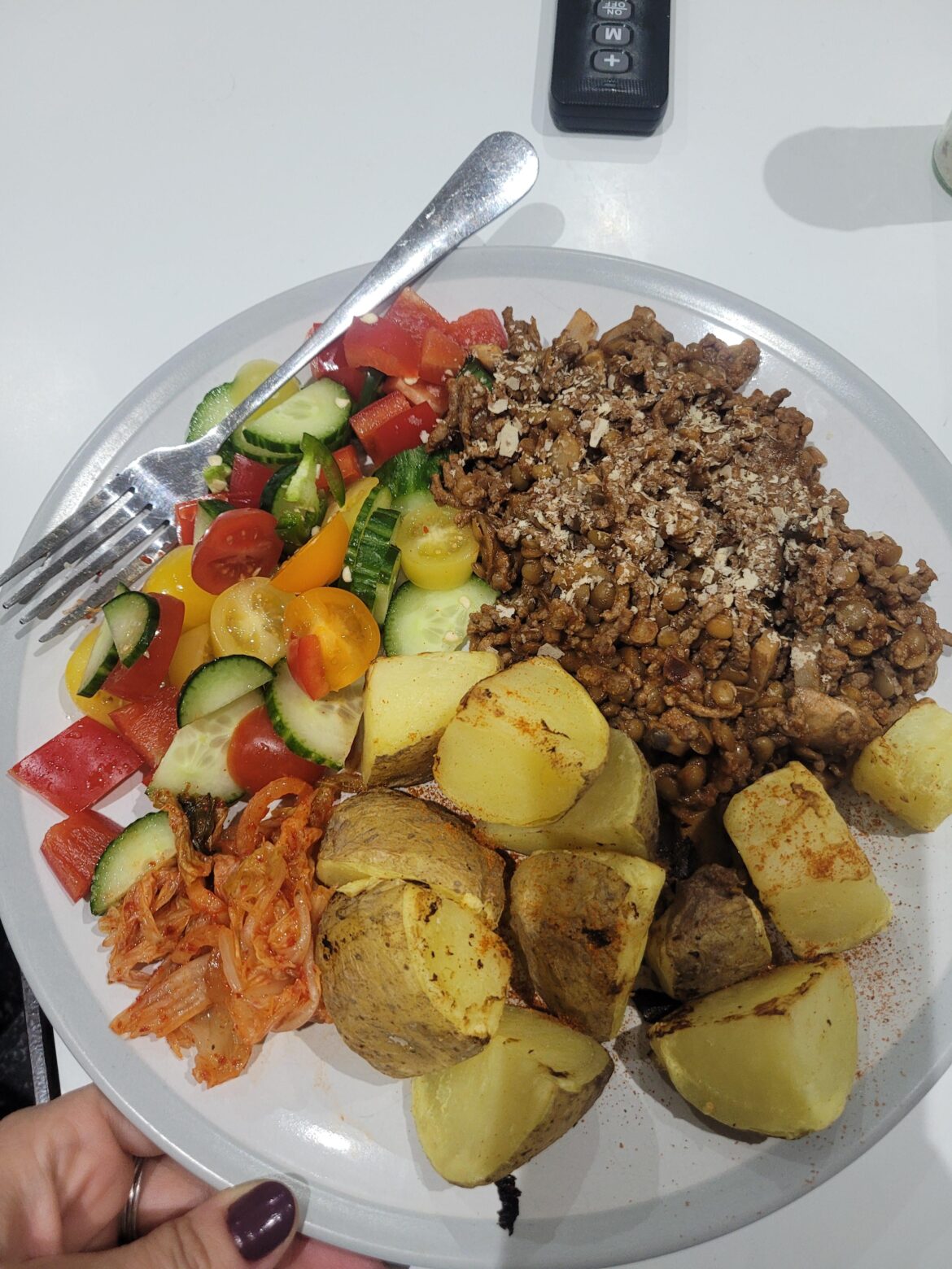 Big dinner plate, 525 cal and 42gr of protein