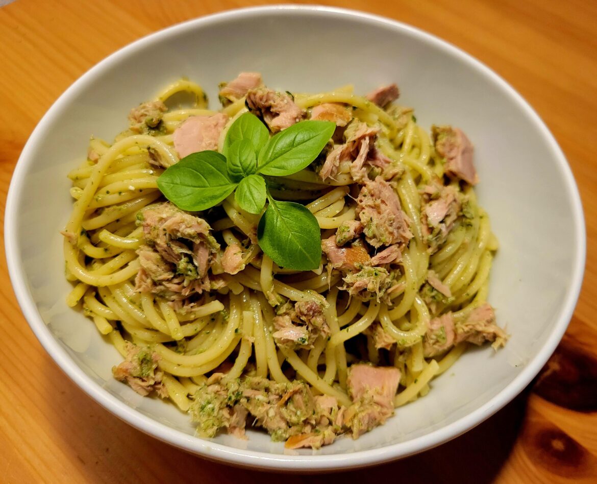 Homemade green pesto and tuna - first encountered in a backyard restaurant in Venice