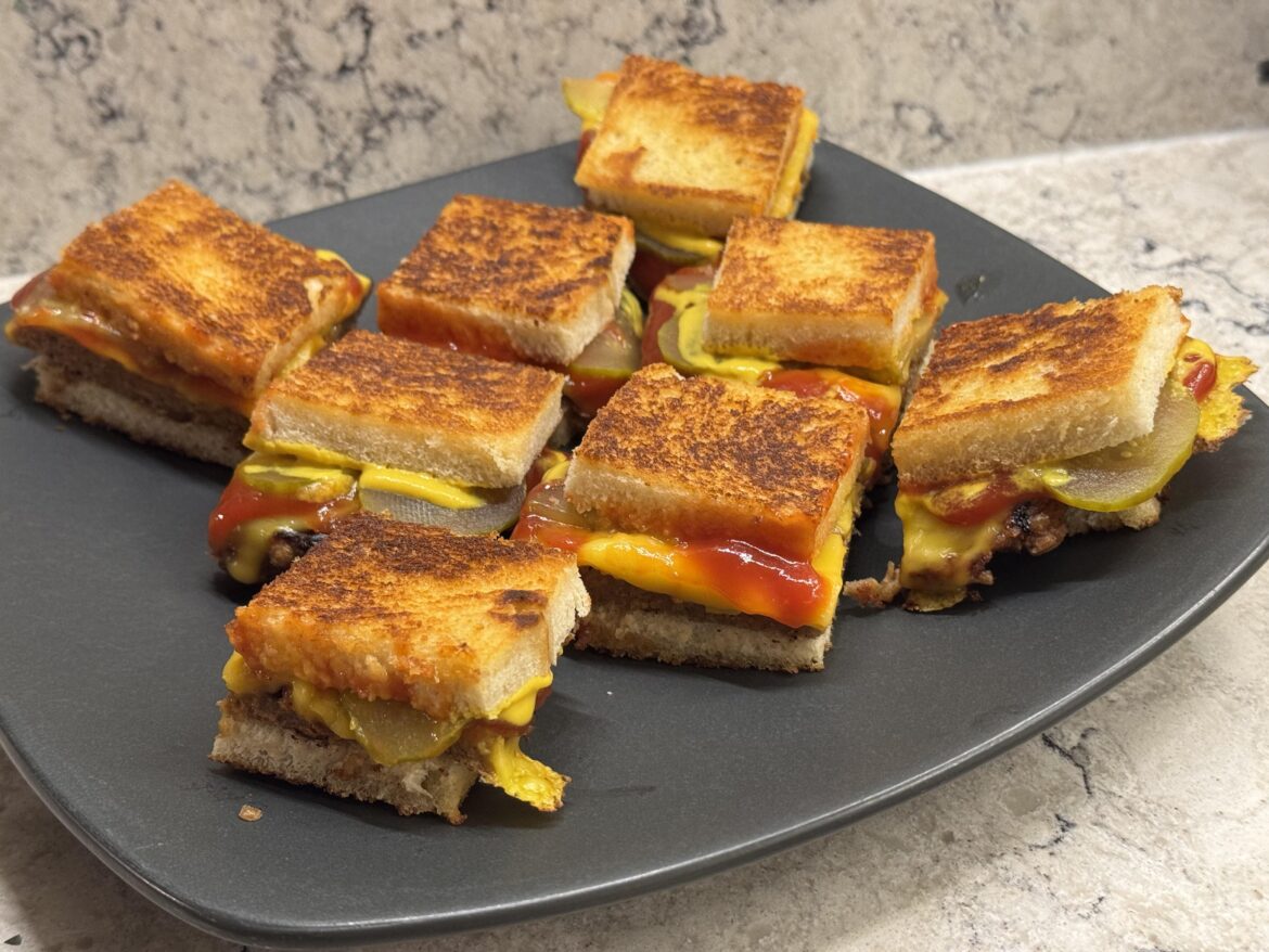 Randy came over for tea time - cheeseburger tea sandwiches