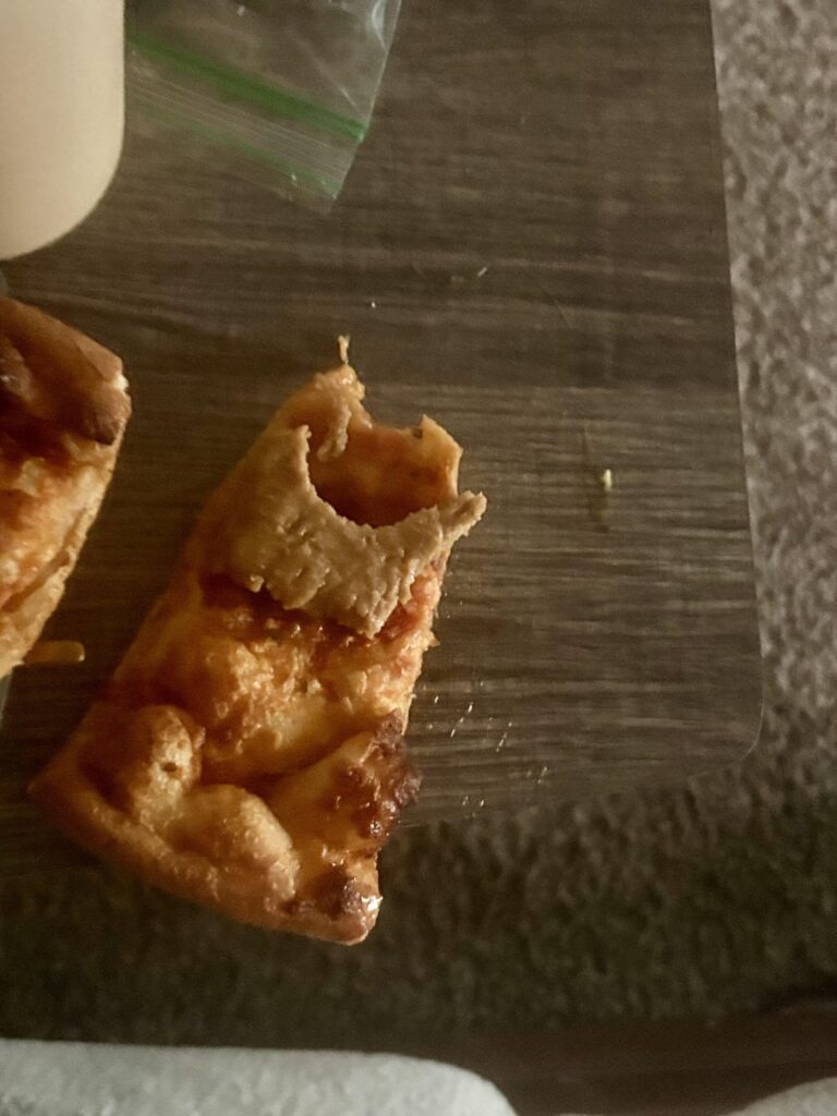 Old cheese pizza, microwaved to a beautiful 67*F, and Meat Adorned—BY HAND—w/Delicately Parked Bites of Lunch Room Ham-Steak Sloppers!