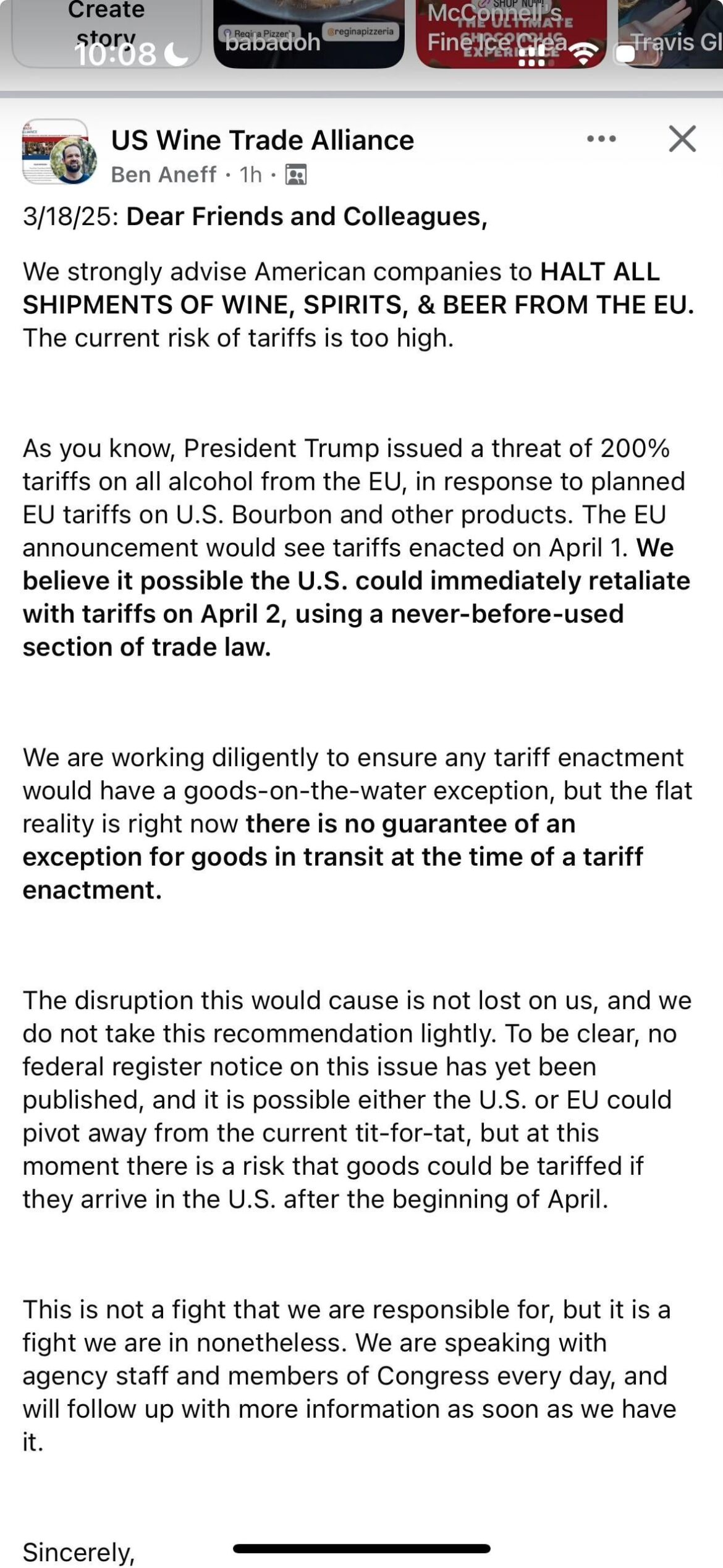 Wine Trade Alliance (importer lobby group) encourages importers to halt imports of EU products