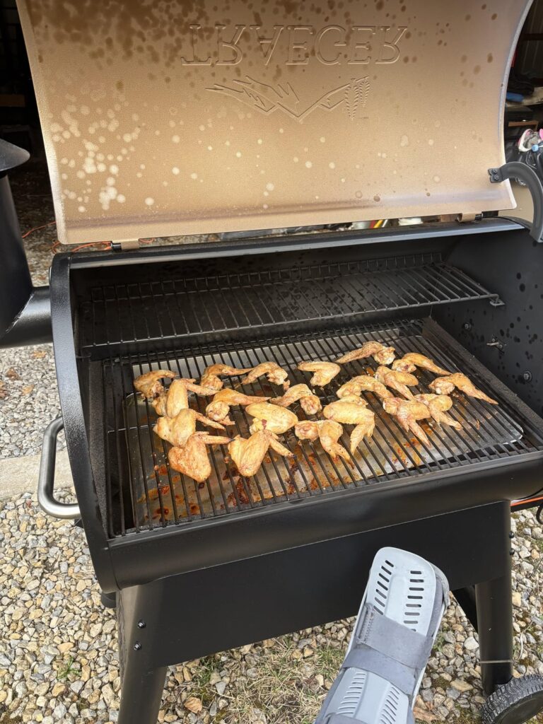 First time I used the traeger I broke my ankle carrying a leg of lamb in the house in 3 places ! This time some 0/400 wings turned out awesome !!