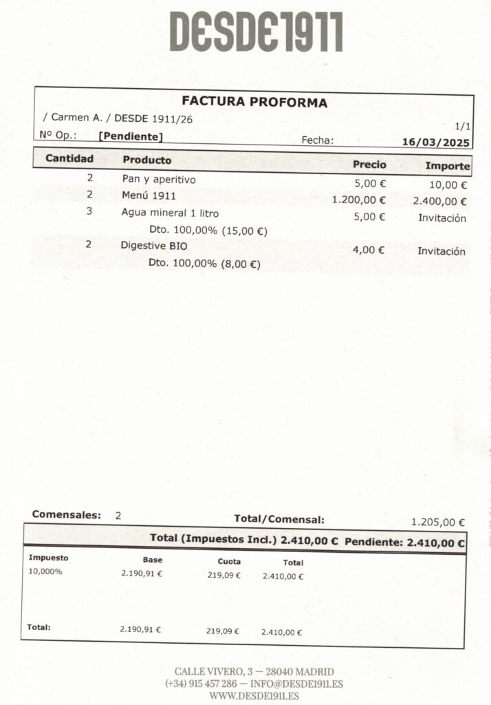 €1,200/Person (FOOD ONLY) - Desde 1911