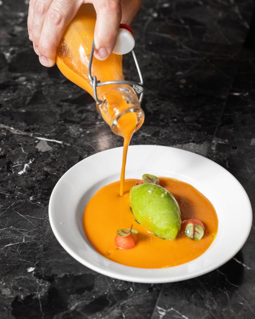 At Pica Pica, gazpacho is served with a scoop of cucumber sorbet so it stays cold. Photo: Pica Pica
