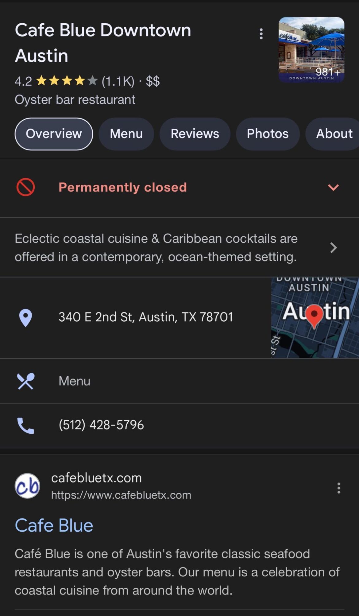 Cafe Blue Downtown Permanently Closed