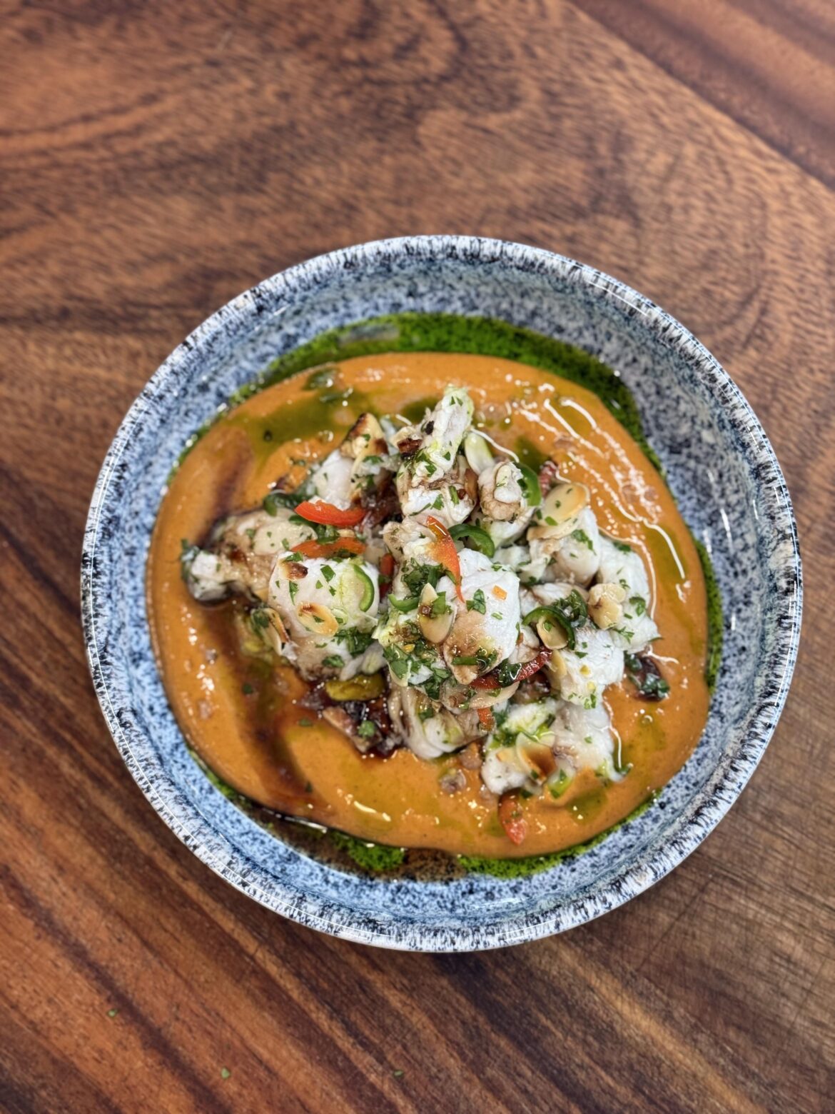 [Homemade]Ceviche, roasted pepper & Tomato curry sauce, Dill oil