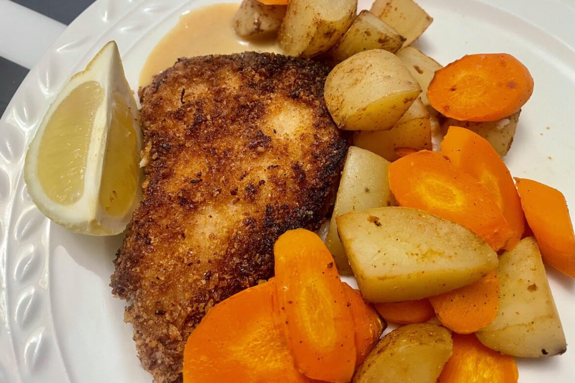 Pork Schnitzel with Roasted Veggies & Creamy Mustard Sauce