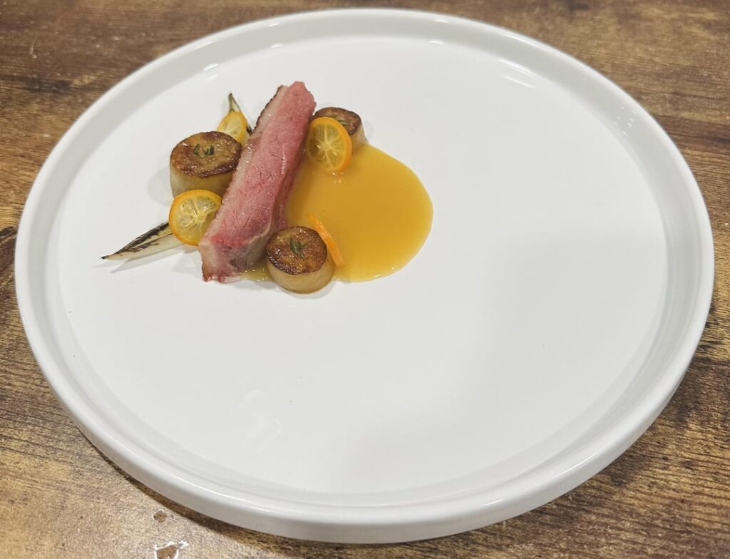 Koji duck breast, umeshu brandy, duck jus, fondant potatoes, shallot, kumquat