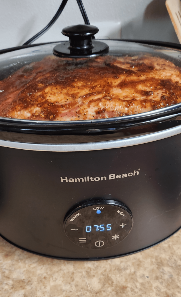 My shop only had giant pork shoulder, fills it the pot to the top over some onions, but will he be done in 8 hours? Never done this before