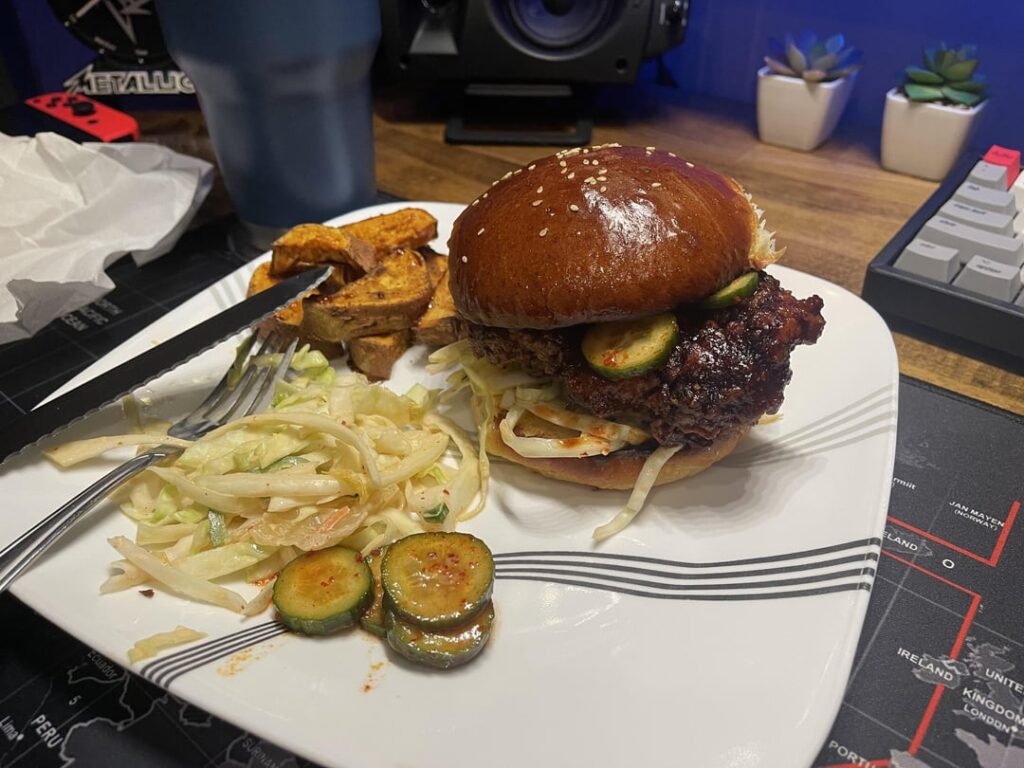 Korean Fried Chicken Sandwich - I made everything (rolls, chicken, slaw, and pickles) from scratch. 10/10 delish!