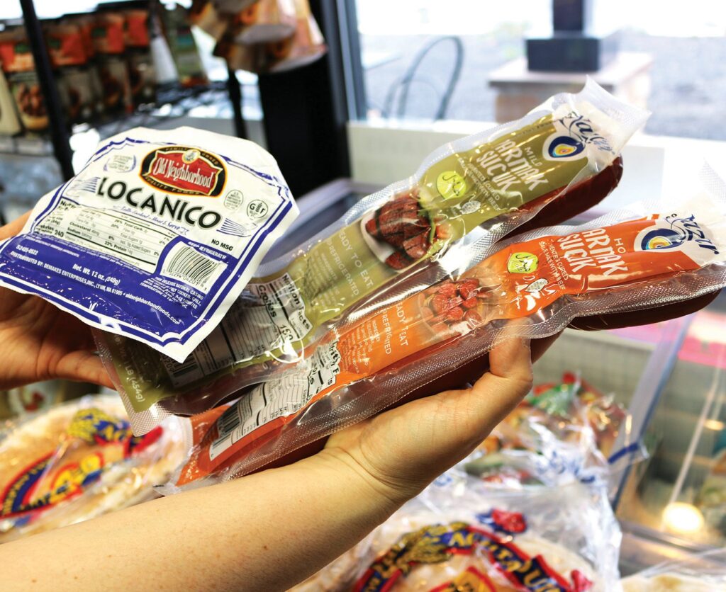 Specialty Greek Locanico and sought-after Turkish Sujuk sausages available for sale at Dory’s Mediterranean Goods. Photo By Douglas D. Melegari
