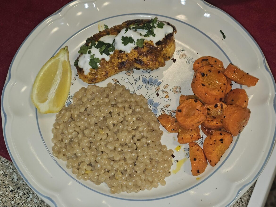 Yogurt-Marinated Chicken & Garlic Sauce with Lemony Couscous and Chili-Roasted Carrots