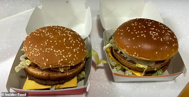 McDonald's changed the ingredients in a Big Mac burger to make the bun appear more firm, fluffy and have a more golden color. Pictured: Big Mac in 2020 (left) versus a Big Mac burger in 2024 (right)