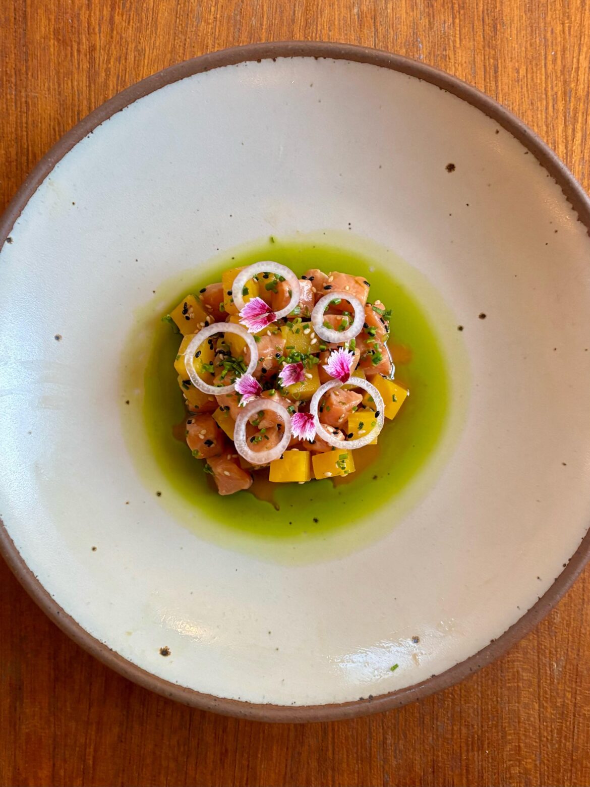 Salmon and golden beets w/ chives, sesame and kombu herb oil