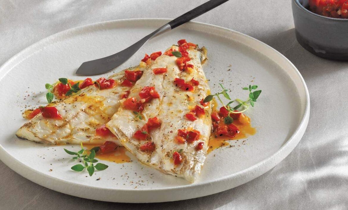 Lavraki with Red Pepper Relish