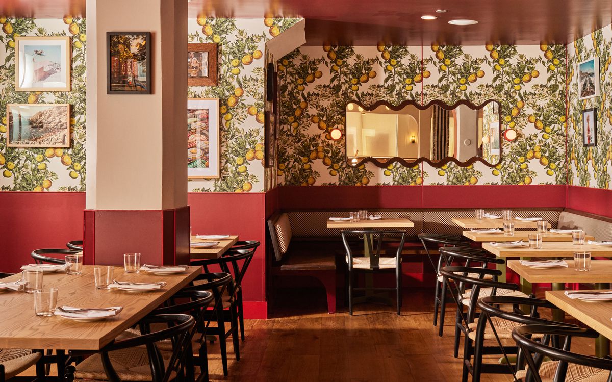 The Interior of Corzetti has walls covered in lemon-print wallpaper. 
