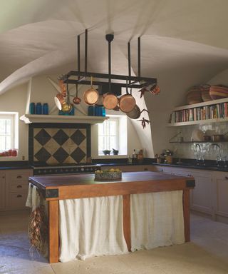 kitchen with island with curtains