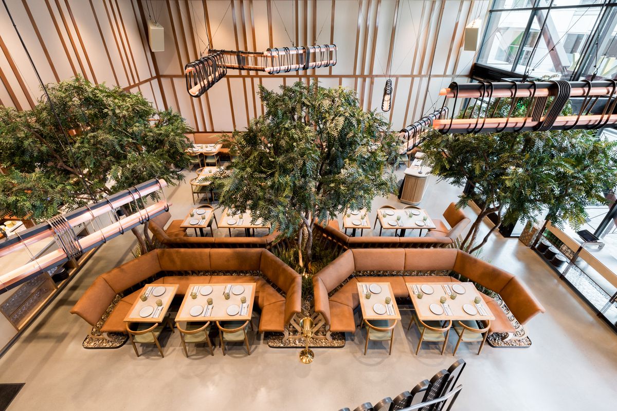 Brown booths and tables sit under a canopy of trees.