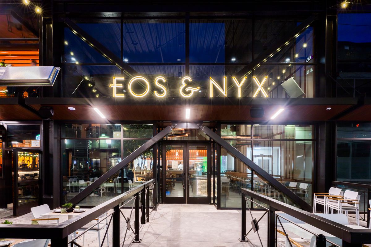 The entrance to Eos & Nyx at night. 