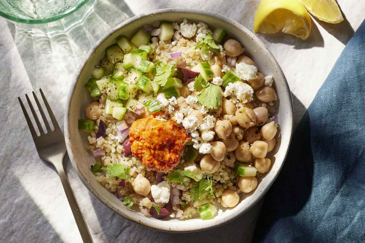 Chickpea & Quinoa Bowl with Roasted Red Pepper Sauce