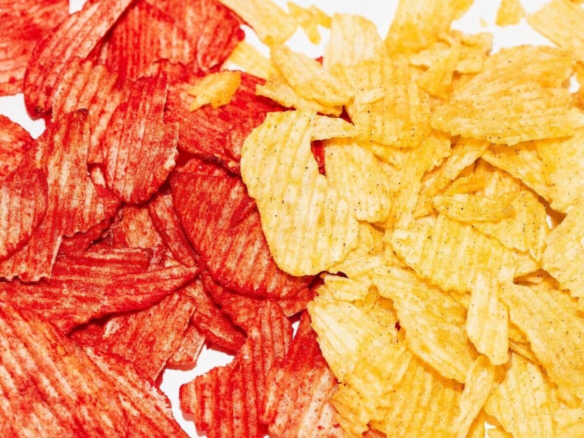 New Ruffles Hot & Spicy -- not flaming red because they don't use artificial dyes, but still super hot