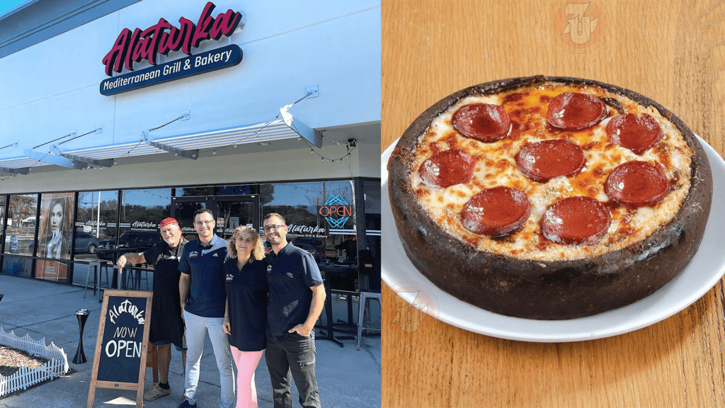 A family stands in front of their local restaurant. The right of the photo features a hot meat and cheese dish. 