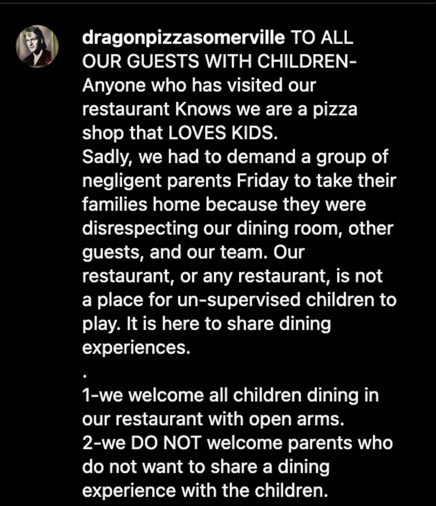 Dragon Pizza owner Charlie Redd made this post on Instagram after asking a family to leave his Somerville restaurant. (Instagram)