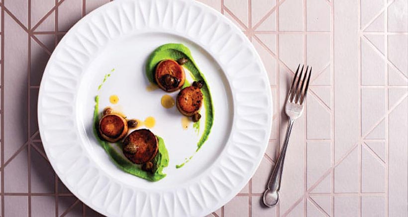 Vegan King Oyster Mushroom ‘Scallops’ with Pea Purée and Caper Beurre Noisette