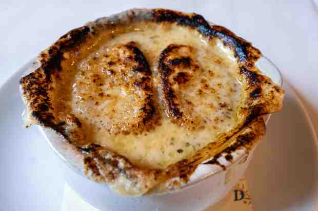 French onion soup with Emmental cheese and croutons at Deux...