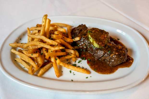 Steak Frites, Allen Brothers Farms hanger steak with pan sauce,...