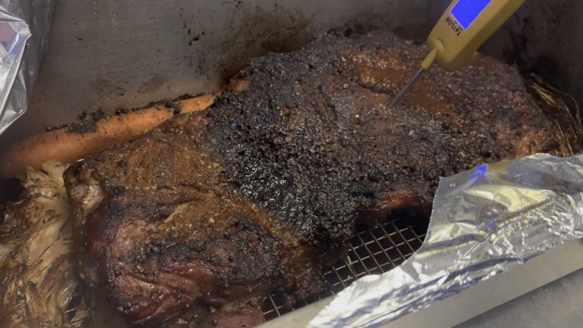 Corned beef, 10 day brine, roasted at 350 for 3 hours 10 minutes