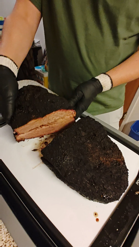 What do you think? 18lb Walmart Swift select brisket..Cooked on a 12yr old rectec 680. No wrap until rest. No squeeze required.
