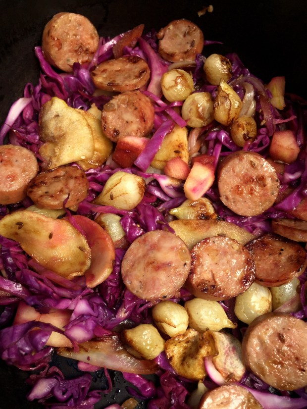 Red Cabbage Alsatian-Style boasts a diverse array of ingredients, including onions, apples and beer knockwurst. (Photo by Owen Morse)