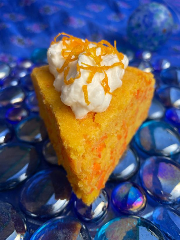 The version of carrot cake in Kitty Morse's cookbook "Bitter Sweet" is super-moist and doesn't require frosting, though it's delicious topped with whipped cream. (Photo by Owen Morse)