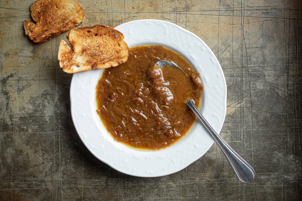 Onion soup containing savory ingredients from Mediterranean Food Lab