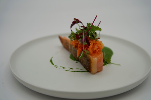 The first course of the $70 tasting menu at Hapa Bistro, a French-Japanese fusion restaurant in San Bruno, is Atlantic trout, spinach, pineapple and yuzu kosho. (Courtesy Sohei Lappen)