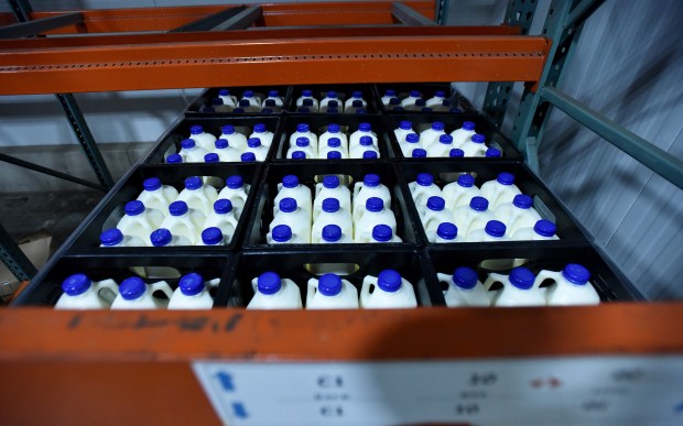 Milk containers sit in a cooler in the Harry &...