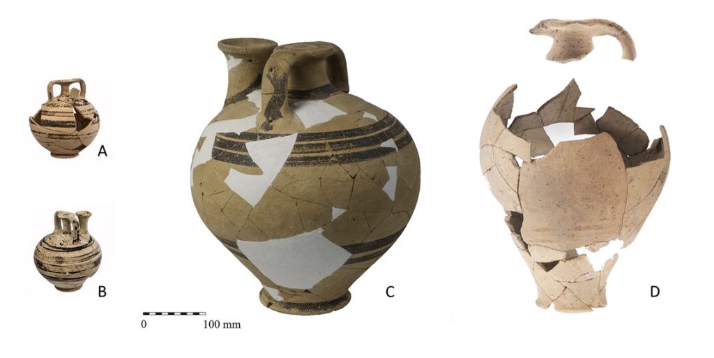 Numerous transport stirrup jars have been found at the site of Pefkakia. Most were manufactured in Crete with some from the Greek mainland. There were also at least two Canaanite jars from the Carmel coast. These finds and the first results of petrographic analysis attest to the site's role as a major Aegean harbour.
