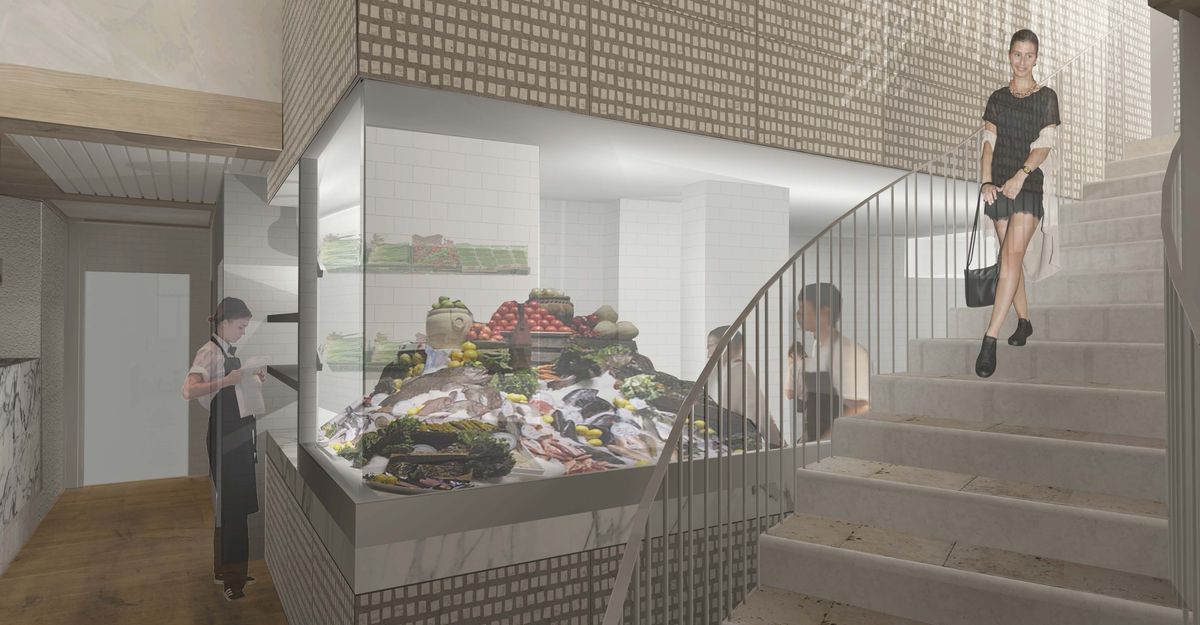 A rendering of the seafood kitchen at Simi Estiatoria