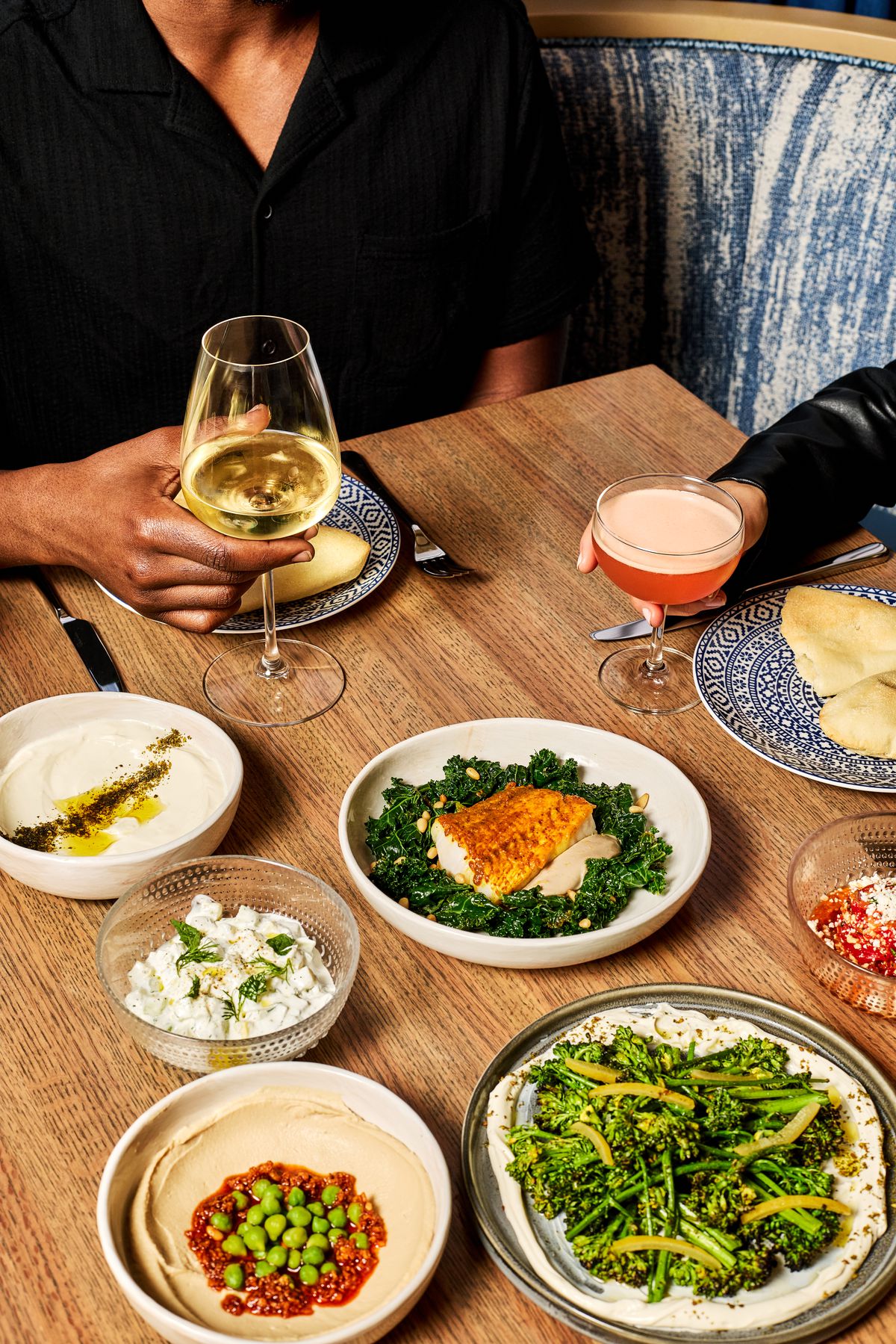A bunch of Mediterranean starters from LA restaurant Zaytinya with spreads.