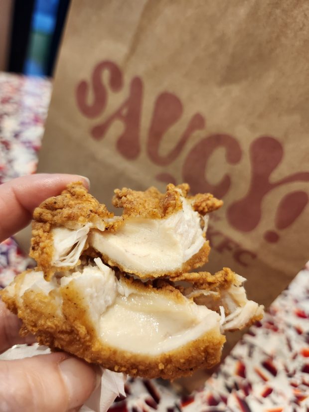 The chicken at Saucy was tender but lacked any real flavor. This might be on purpose, to leave more of a canvas for the condiments. (Amy Drew Thompson/Orlando Sentinel)