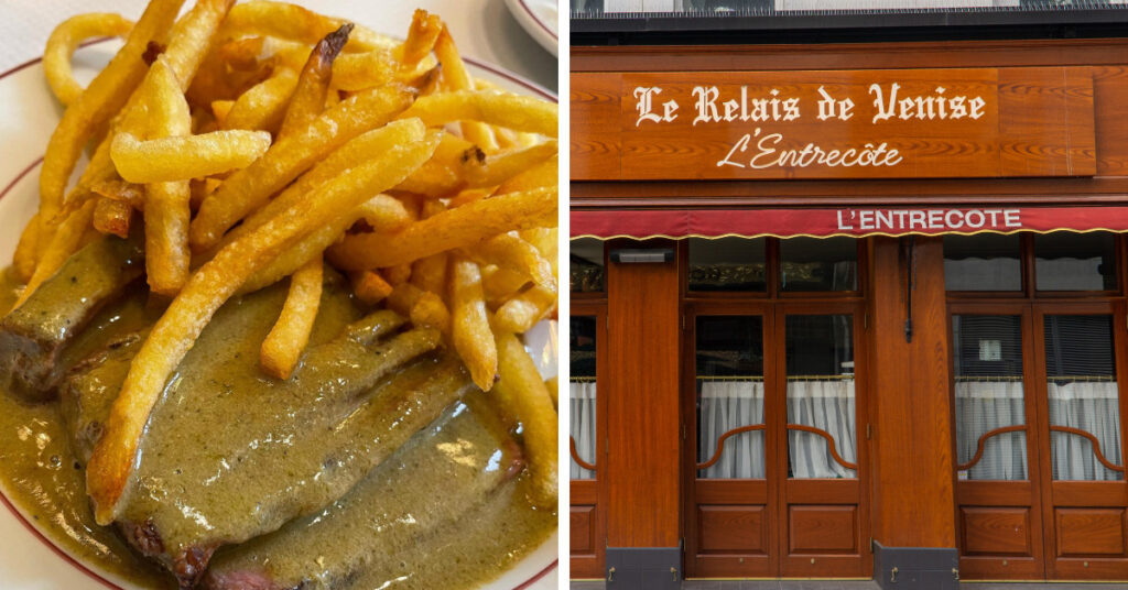 A plate of steak and frites (left), Le Relais de Venise shopfront in London (right)