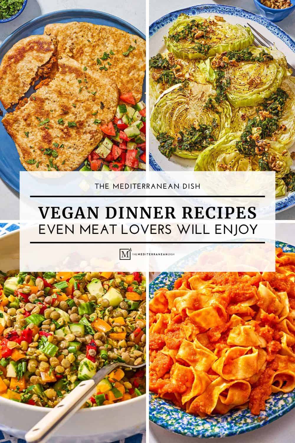 Graphic image for the vegan dinner recipes round up, showing Lentil and Carrot Flatbread, Cabbage Steaks, French Lentil Salad, Vegan Bolognese.