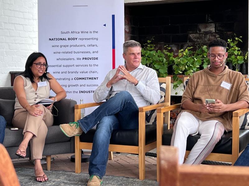 Kachné Ross (people and skills development manager at South Africa Wine), Rico Basson (CEO of South Africa Wine), and Duncan Masiwa (assistant editor at Food For Mzansi) discussing the future of the wine industry. Photo: Marike Brits/Agricultural Writers SA